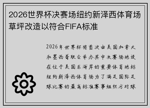 2026世界杯决赛场纽约新泽西体育场草坪改造以符合FIFA标准