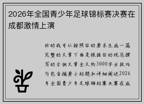2026年全国青少年足球锦标赛决赛在成都激情上演 2026年全国青少年足球锦标赛决赛在成都激情上演